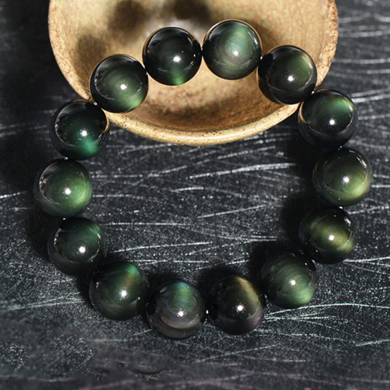 Pulsera de riqueza de obsidiana de ojo verde natural con Buddha Stones - image 6