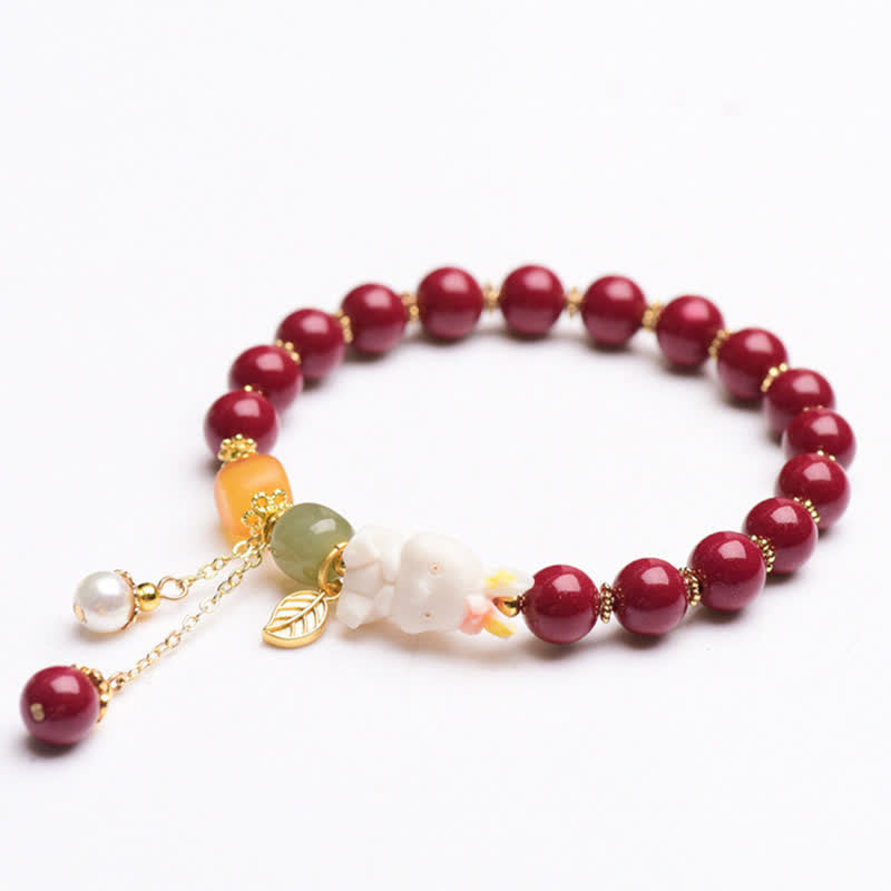 Año del Conejo Cinabrio Hetian Jade Bunny Pulsera de bendición con cuentas