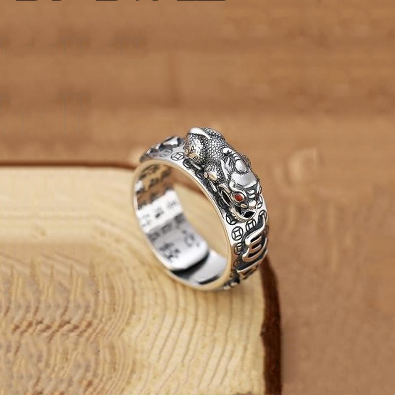 Buddha Stones tibetanas de plata de ley 990 Om Mani Padme Hum PiXiu Dorje Vajra corazón Sutra grabado anillo de riqueza - Plata - PiXiu - image 14