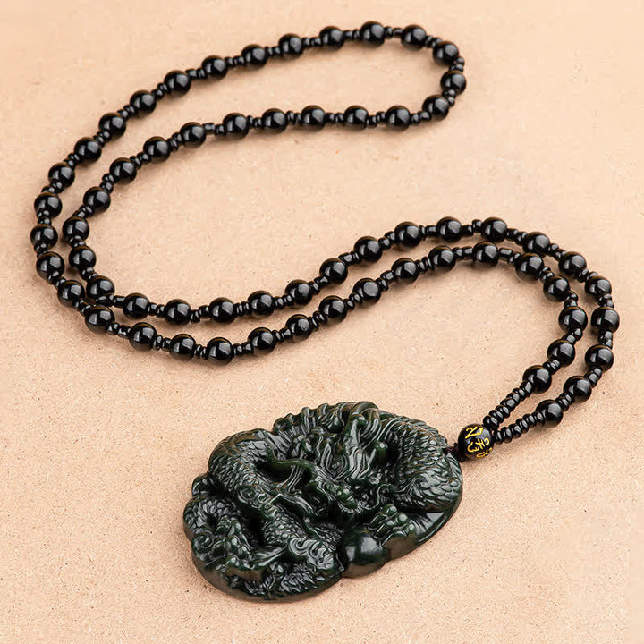 Buddha Stones Hetian Cian Jade Dragón Éxito Armonía Collar Colgante de cadena con cuentas - image 5