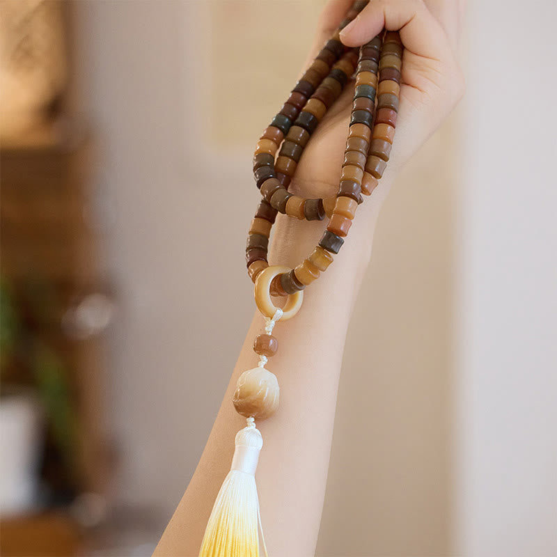 Buddha Stones 108 cuentas Mala, semilla Bodhi, pulsera de armonía grabada a mano de loto de Buda