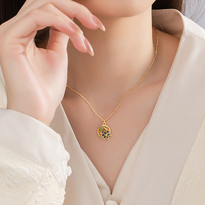 Juego de pendientes y anillo con colgante de flor de Jade cian hetiano Natural de plata de ley 925 con Buddha Stones