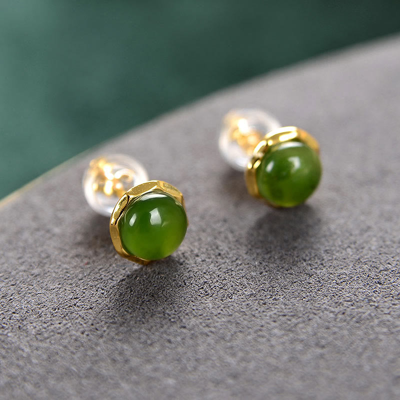 Pendientes de tuerca de la suerte con cuentas de jade cian hetiano natural chapado en plata de ley 925 con Buddha Stones