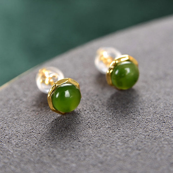 Pendientes de tuerca de la suerte con cuentas de jade cian hetiano natural chapado en plata de ley 925 con Buddha Stones