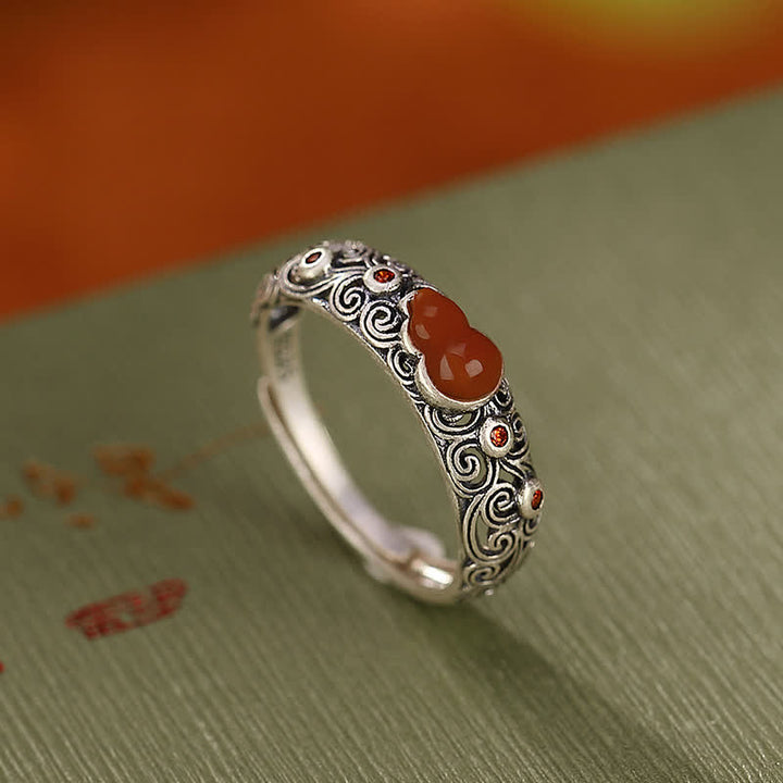 Anillo auspicioso de bendición de calabaza de jade cian de ágata roja de plata de ley 925