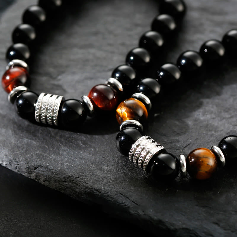Pulsera de cumplimiento de fuerza de ojo de tigre de obsidiana negra natural con Buddha Stones