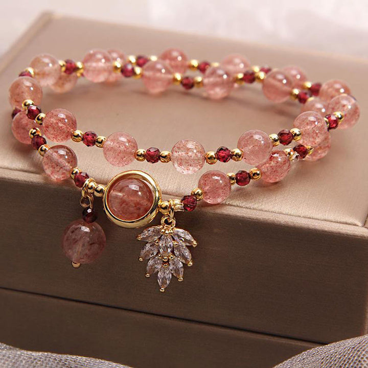 Pulsera de doble envoltura con dije de hoja de arce curativo de amor de cuarzo fresa natural