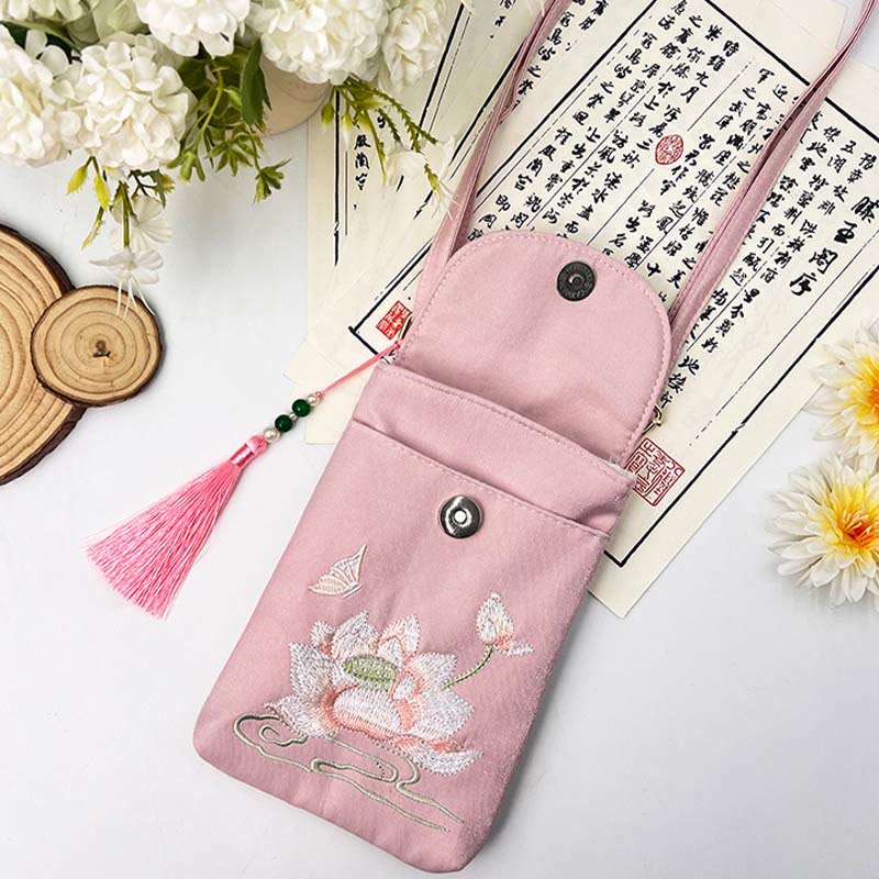 Bolso bandolera con flores bordadas pequeñas y Buddha Stones, bolso de hombro, bolso para móvil de doble capa