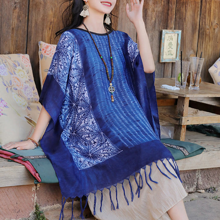 Jersey de viaje acogedor con borlas y chal Batik de rayas geométricas azules con Buddha Stones 90*95cm