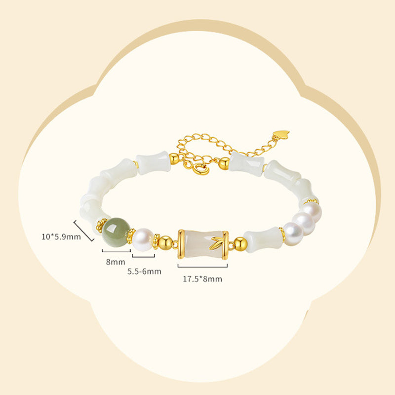 Pulsera de bendición de la suerte de bambú de jade blanco hetiano natural de plata de ley 925 con Buddha Stones