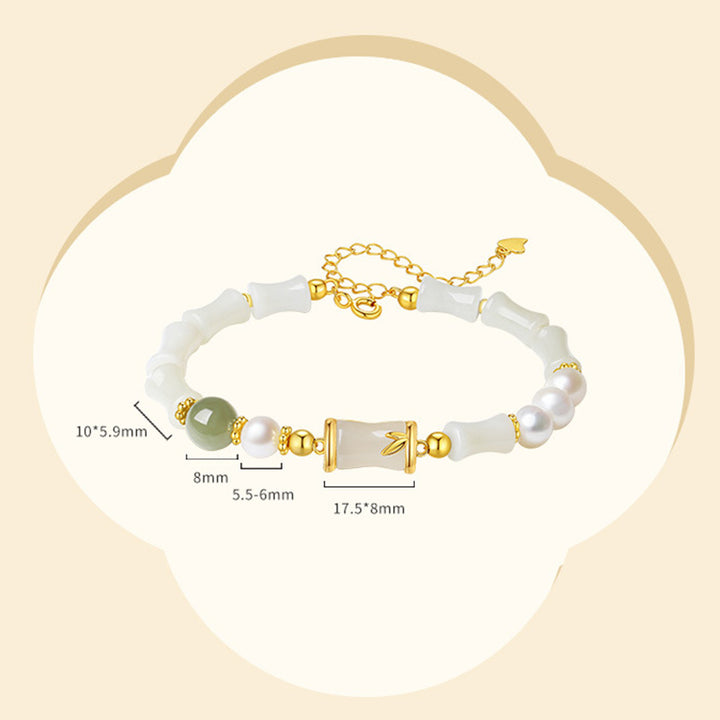 Pulsera de bendición de la suerte de bambú de jade blanco hetiano natural de plata de ley 925 con Buddha Stones