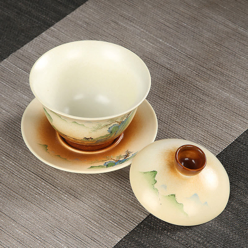 Taza de té y platillo con tapa, cerámica Gaiwan Sancai, paisaje de montaña, Buddha Stones, Kung Fu