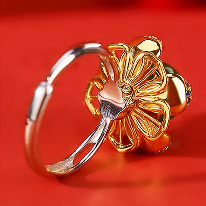 Anillo de éxito de flor de loto de jade cian blanco de plata de ley 925