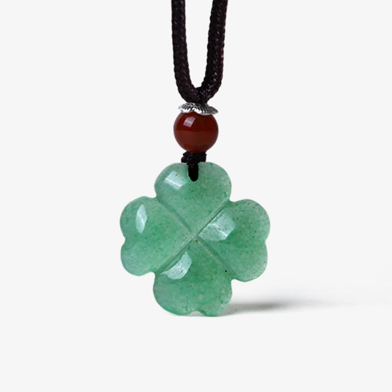 Collar con colgante de cuerda de cuero de la suerte con trébol de cuatro hojas de aventurina verde de plata de ley 925 con Buddha Stones