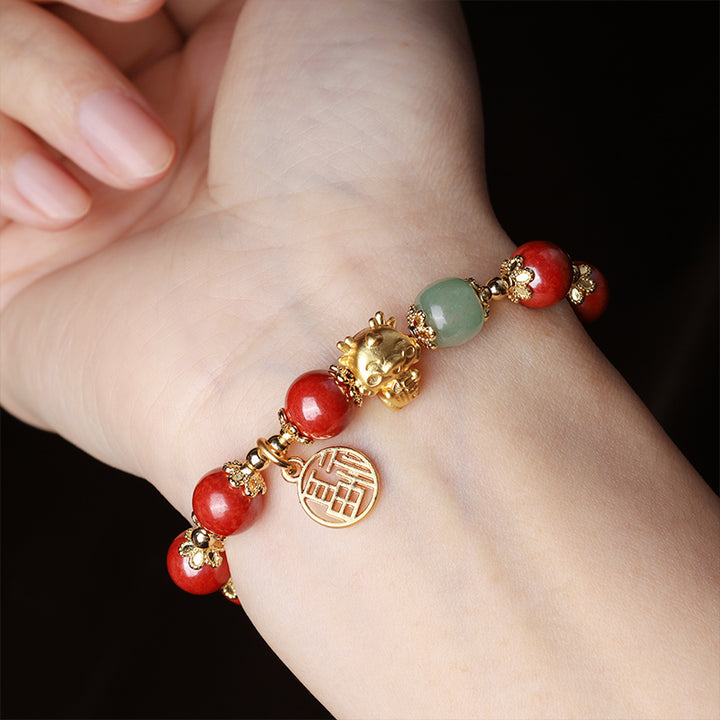 Buddha Stones Año del Dragón Cinabrio Natural Fu Carácter Charm Pulsera de Bendición