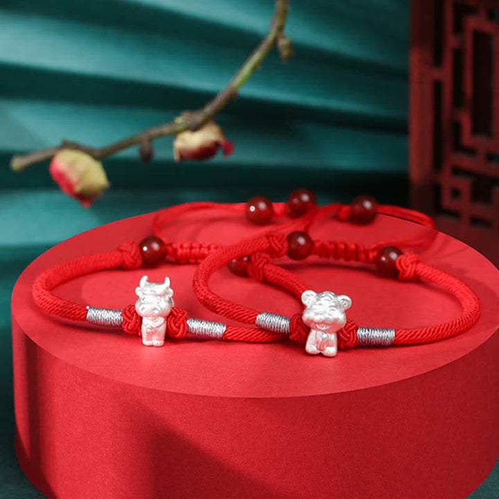 Pulsera de hilo rojo de la fuerza de la suerte del zodíaco chino de plata de ley 999 con Buddha Stones