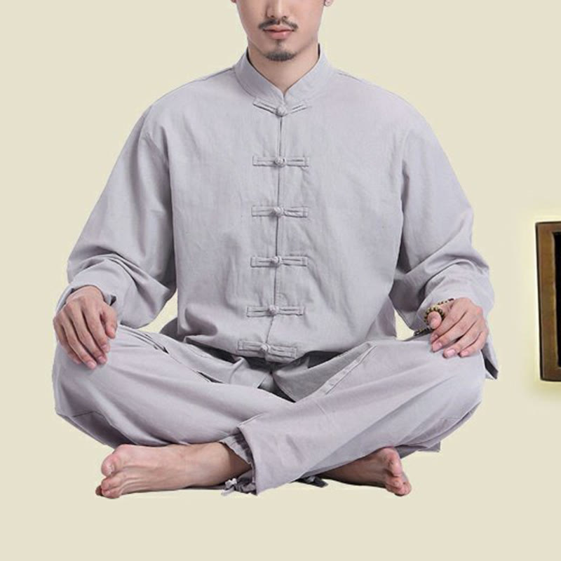 Conjunto de ropa de yoga para hombre con diseño de botón de rana china y Buddha Stones, de lino y algodón para meditación y oración - image 3