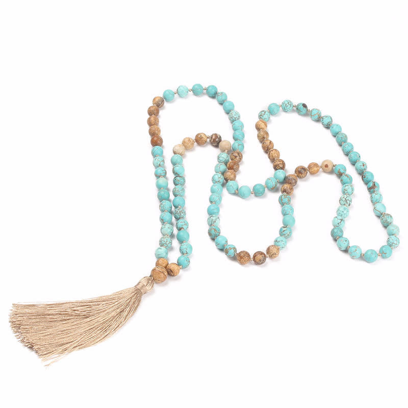 Pulsera con borlas de sabiduría de jaspe con imagen turquesa de 108 cuentas Mala