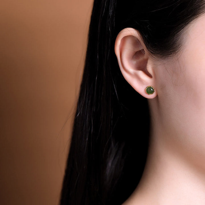 Pendientes de tuerca de la suerte con cuentas de jade cian hetiano natural chapado en plata de ley 925 con Buddha Stones