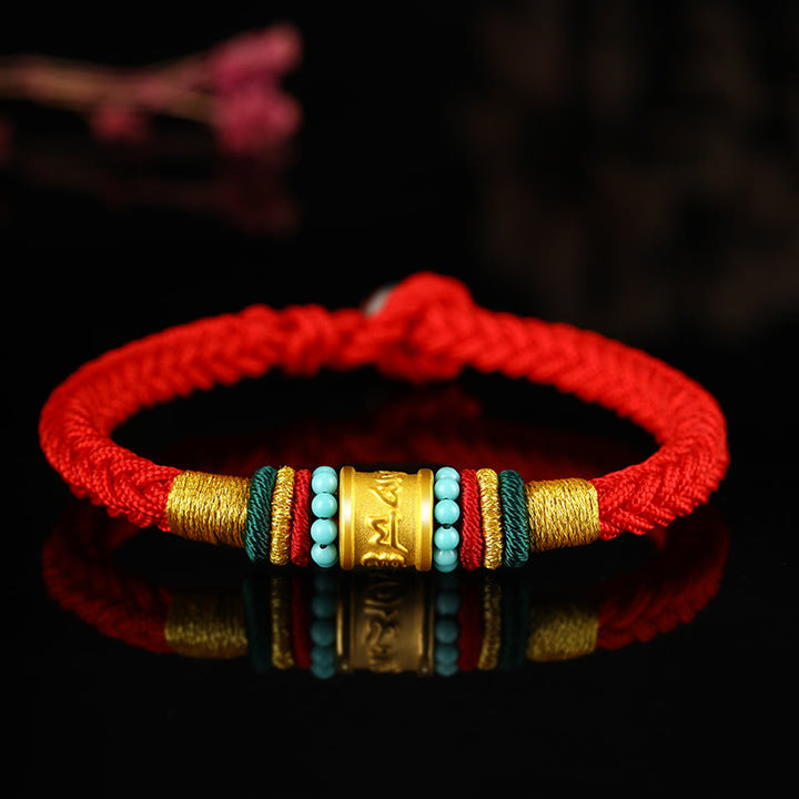 Buddha Stones Tíbet 999 oro Om Mani Padme Hum pulsera de la suerte hecha a mano con ocho hilos y nudo de la paz