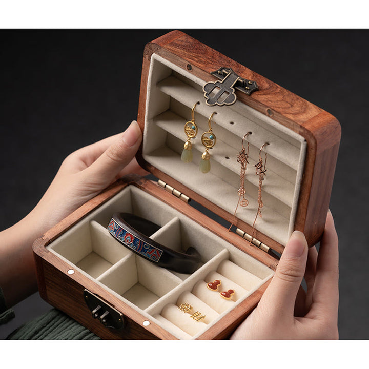 Caja de almacenamiento de joyería de palisandro con estampado floral hecha a mano retro, caja organizadora de regalo de madera con cerradura