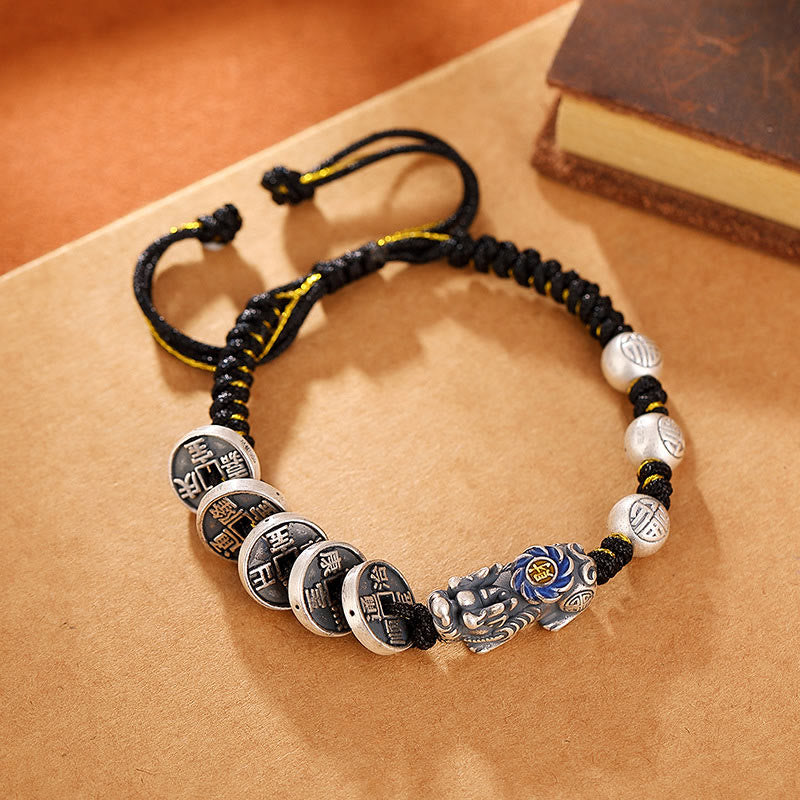 Pulsera trenzada de plata de ley 999 con Buddha Stones FengShui PiXiu, moneda de cobre, personaje Fu, riqueza