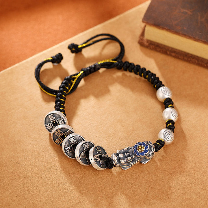 Pulsera trenzada de plata de ley 999 con Buddha Stones FengShui PiXiu, moneda de cobre, personaje Fu, riqueza