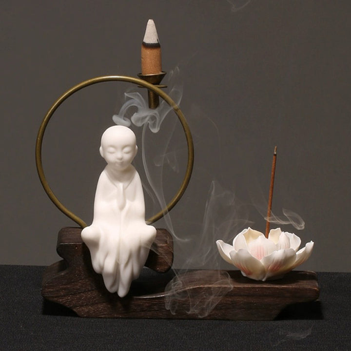 Quemador de incienso de meditación curativa de loto de cerámica con Buddha Stones , decoración