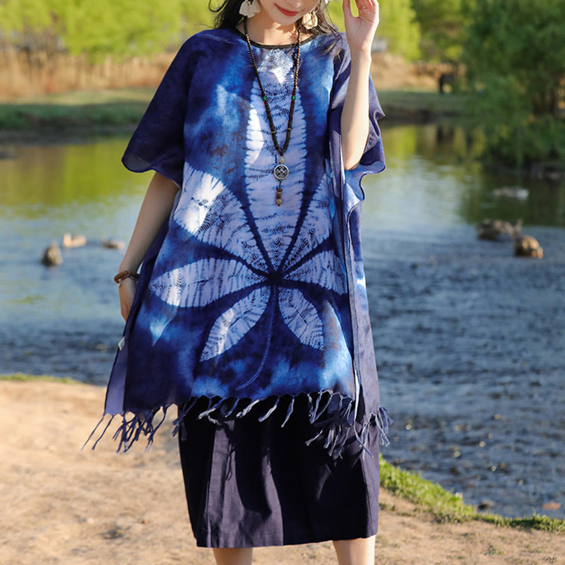 Jersey de viaje acogedor con borlas y chal de Batik azul con Buddha Stones , 95x90cm