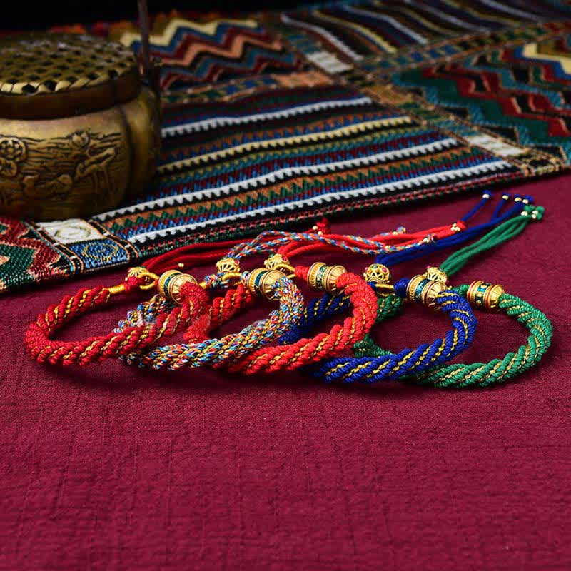 Pulsera de cuerda tejida con dije de rueda de oración Thangka de la suerte hecha a mano tibetana con Buddha Stones