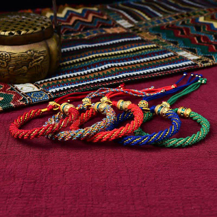 Pulsera de cuerda tejida con dije de rueda de oración Thangka de la suerte hecha a mano tibetana con Buddha Stones
