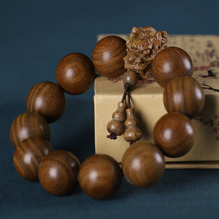 Pulsera de protección con Buddha Stones, palisandro, sándalo verde, hoja pequeña de sándalo rojo y dragón tallado
