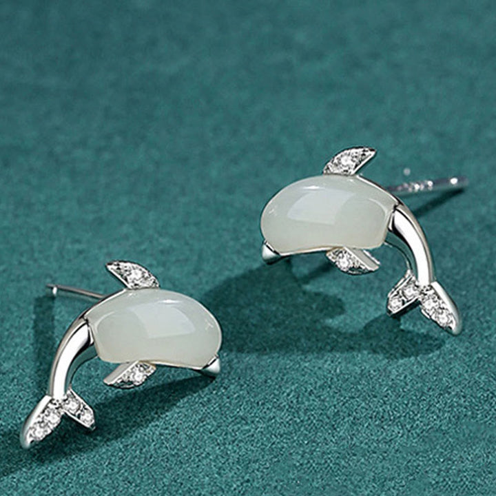 Juego de pendientes y anillo con colgante de plata de ley 925 con Buddha Stones , bonito delfín, Jade hetiano, ágata roja, suerte