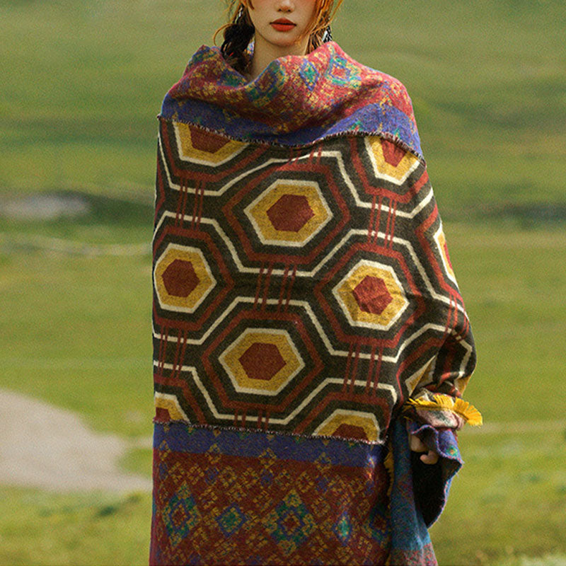 Mantón tibetano de Buddha Stones, patrón de formas geométricas, marrón, azul y rojo, bufanda de viaje acogedora para invierno