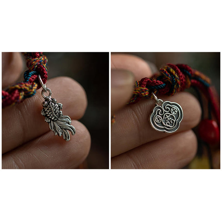 Pulsera de cuerda de fuerza de protección de peces Koi de Plata de Ley 925 con hilo colorido hecho a mano tibetano con Buddha Stones