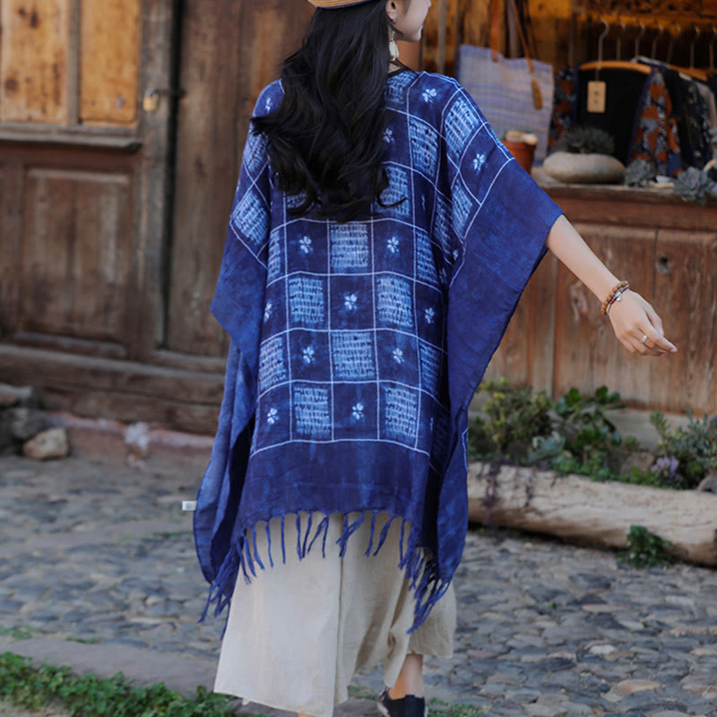 Jersey suave con borlas y chal a cuadros con bloques de Color azul de Buddha Stones 90*95cm