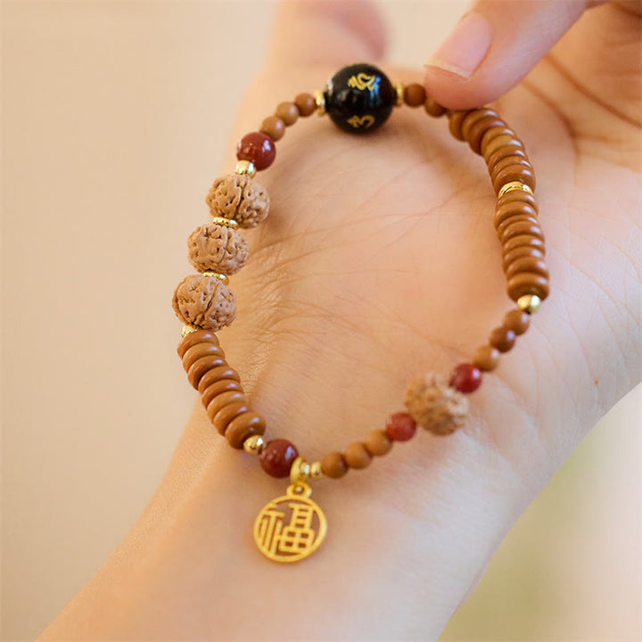 Buddha Stones, semilla tibetana de Bodhi, ónix negro, cuarzo ahumado, Om Mani Padme Hum Fu, pulsera de riqueza con carácter