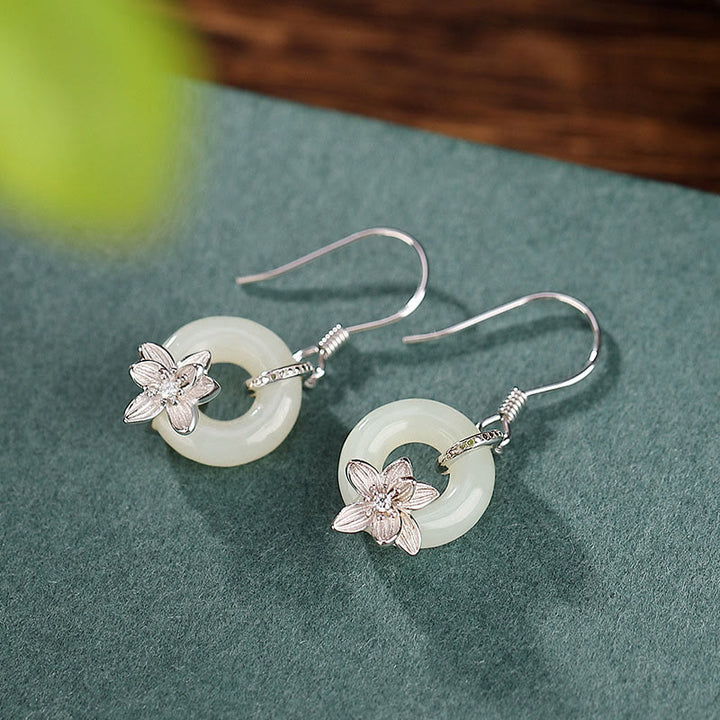 Pendientes de plata de ley 925 con Buddha Stones , jade hetiano, hebilla de la paz, orquídea y prosperidad