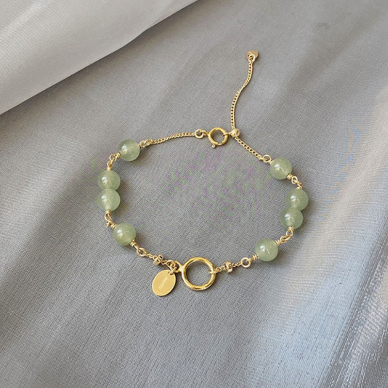 Pulsera de cadena de prosperidad con cuentas de jade hetiano chapada en oro de 14 k