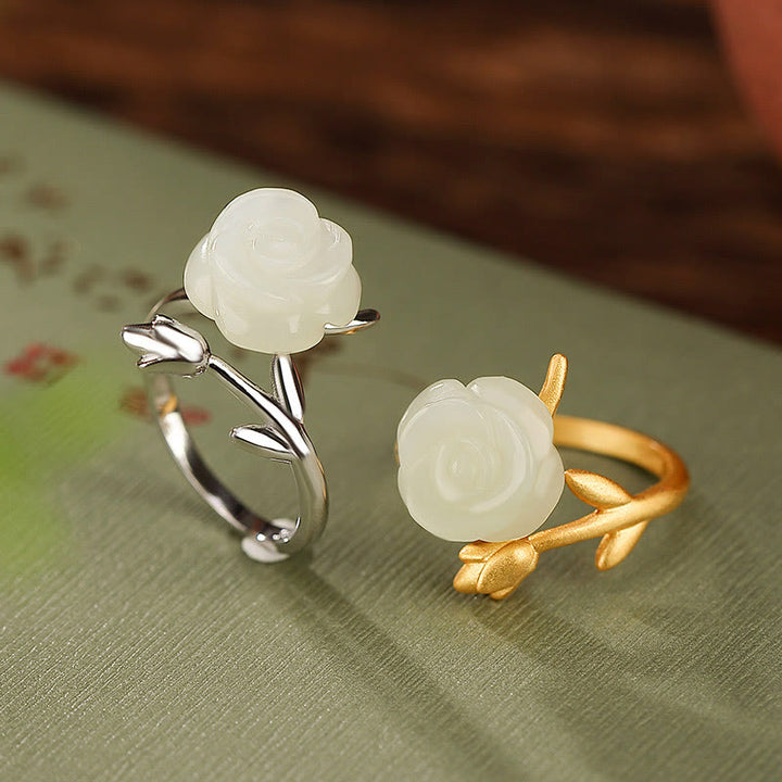 Anillo de felicidad de jade blanco hetiano con flor de rosa dorada chapada en plata de ley 925 con Buddha Stones