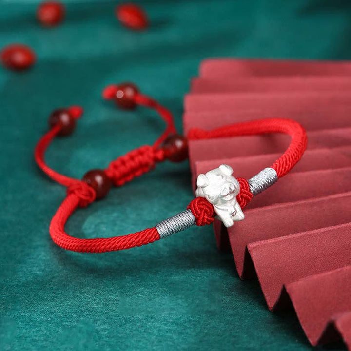 Pulsera de hilo rojo de la fuerza de la suerte del zodíaco chino de plata de ley 999 con Buddha Stones