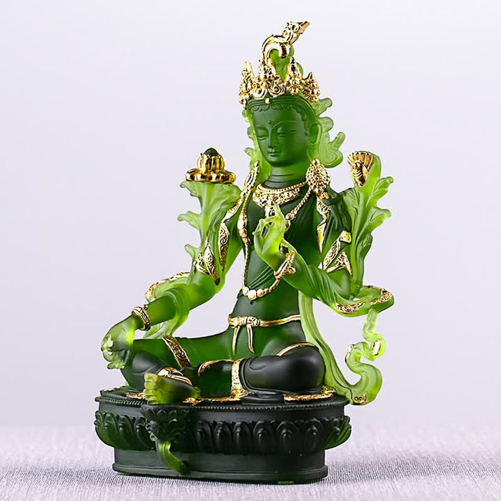 Bodhisattva Tara Verde hecho a mano Liuli Crystal Art Piece Protección Hogar Oficina Estatua Decoración