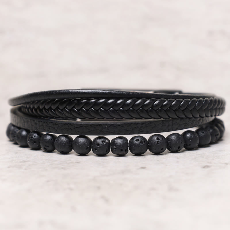 Pulsera de cuero con cuentas de ónix negro y roca de lava natural con Buddha Stones