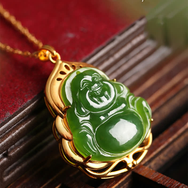 Colgante de cadena de collar curativo de oro de 18 quilates de Buda sonriente de jade cian hetiano natural de plata de ley 925 - image 2