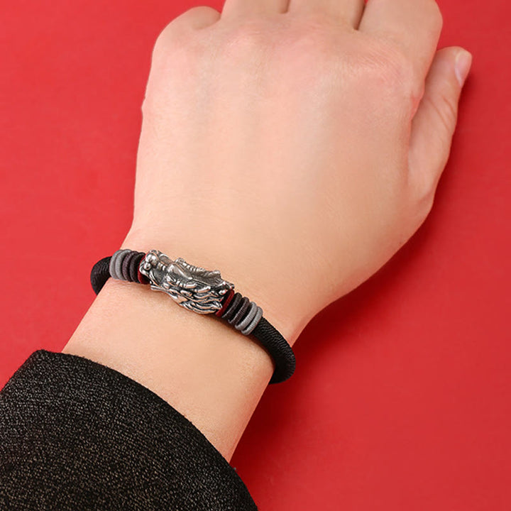 Pulsera trenzada hecha a mano para niños y adultos con diseño de dragón de plata de ley 999 con Buddha Stones