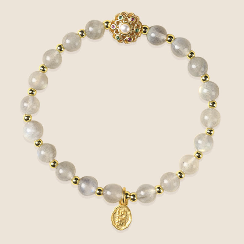 Buddha Stones chapadas en oro de 14 quilates, cuarzo fresa natural, labradorita, piedra solar, personaje Fu, pulsera con dije positivo