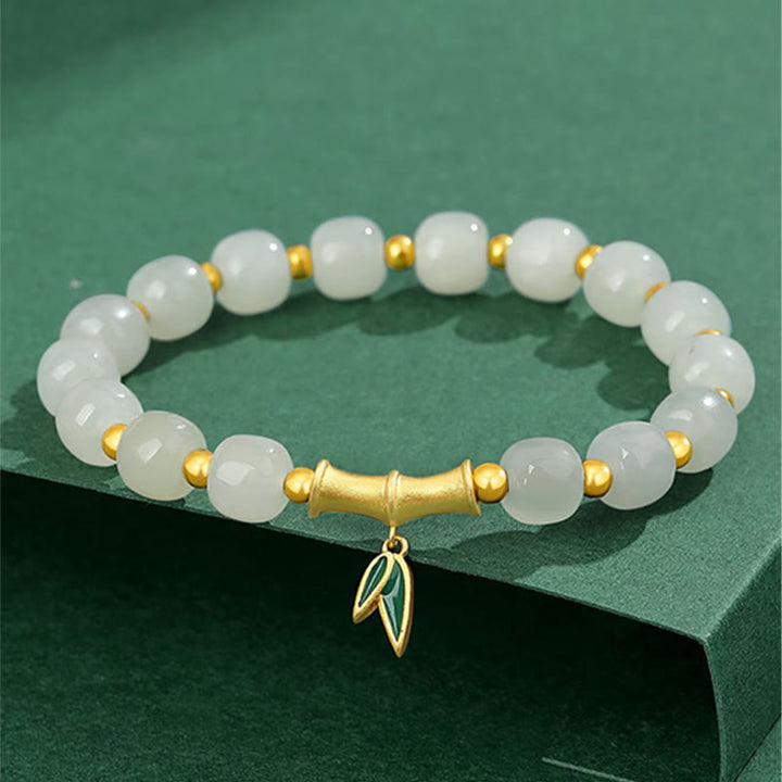 Pulsera de la suerte de bambú de jade blanco hetiano de plata de ley 925 con Buddha Stones