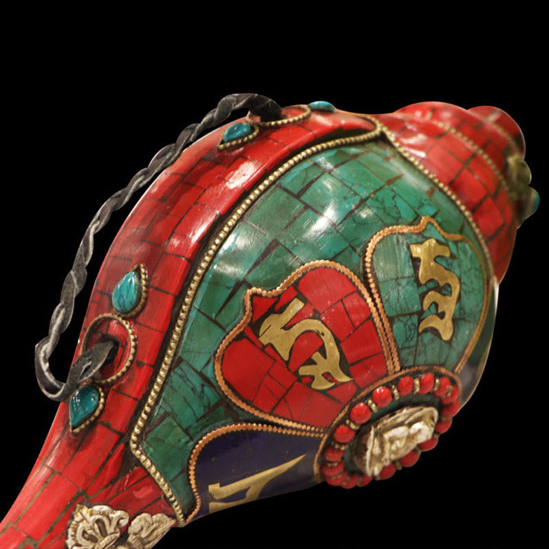 Concha tibetana hecha a mano Shankha Om Mani Padme Hum Buda, decoración de la suerte