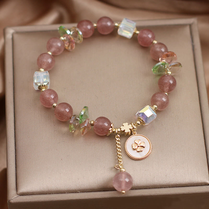 Pulsera con dijes curativos de trébol de cuatro hojas de la suerte, cuarzo fresa, Buddha Stones