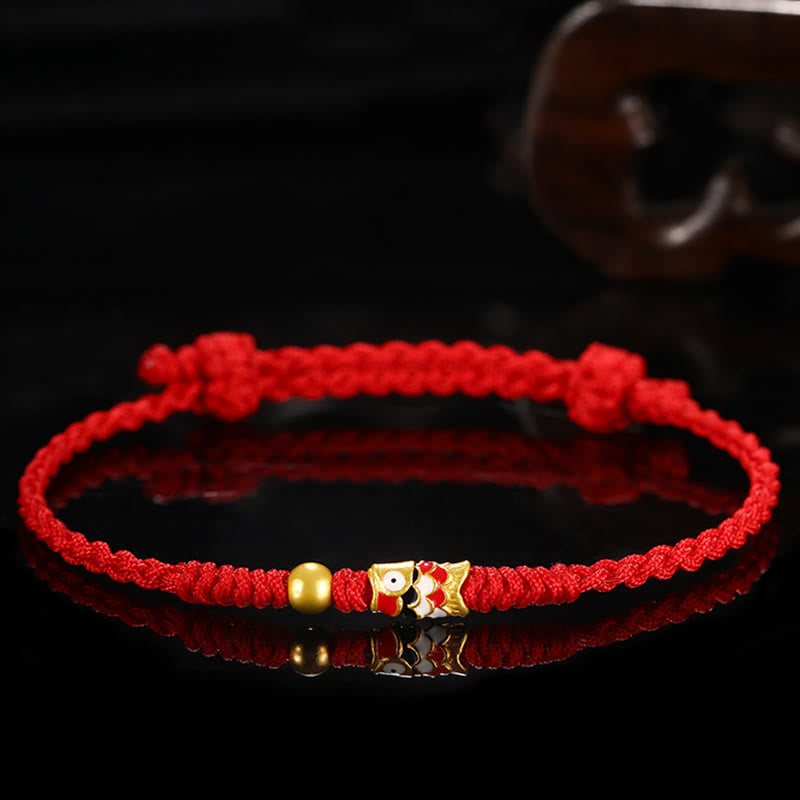 Pulsera de hilo trenzado hecha a mano con pez Koi de la suerte de oro 999 de Buddha Stones
